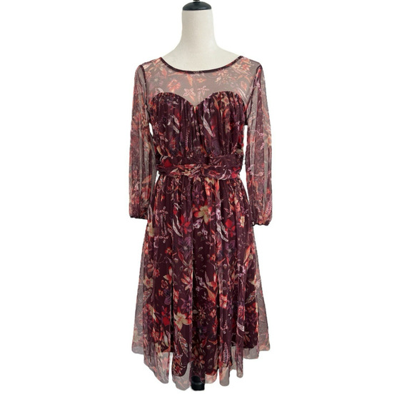 Candalite Midi Dress Womens Medium Burgundy Floral Mesh Overlay Sheer Sleeves - Picture 1 of 11